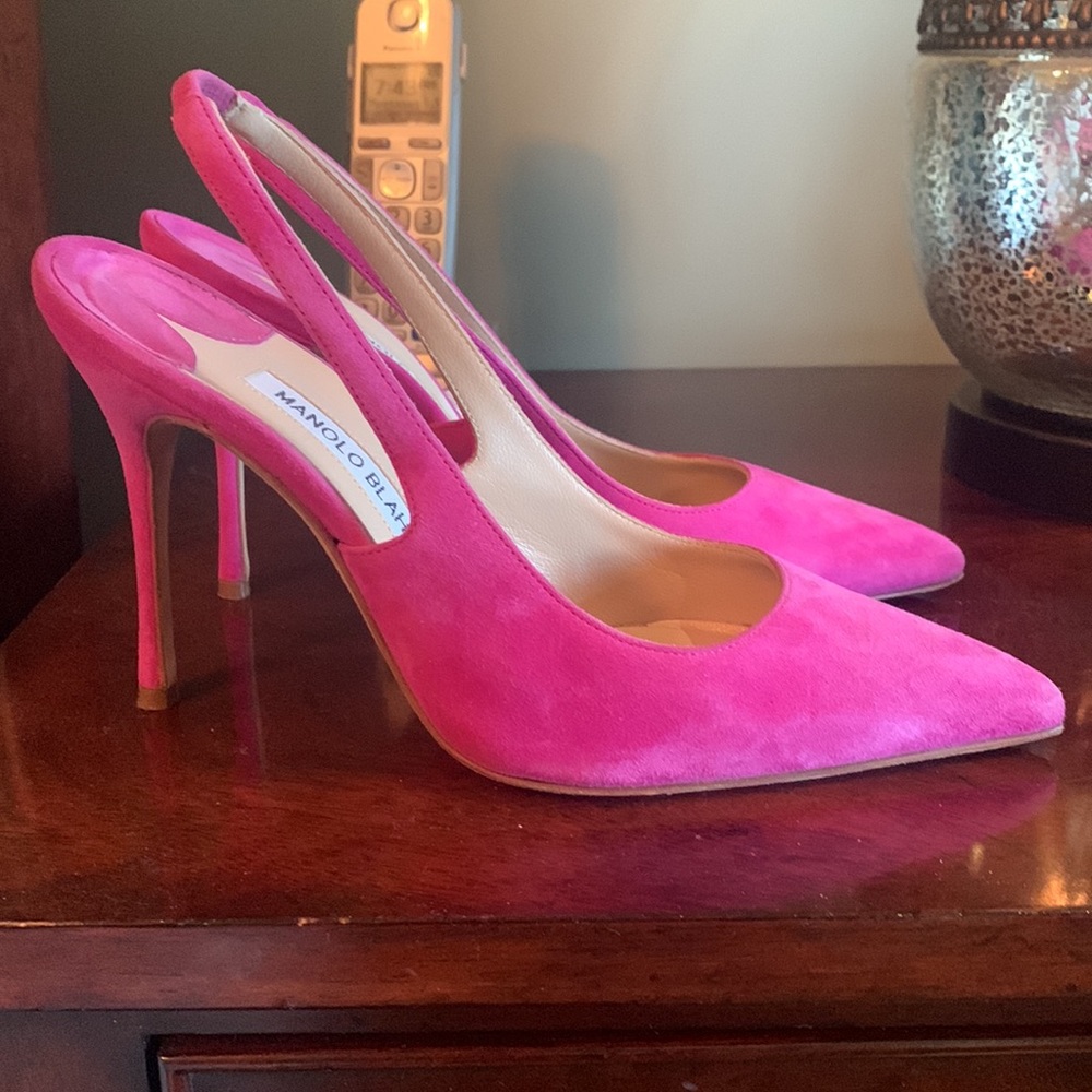 Manolo blahnik hot pink suede slip on heel. Shoes that make a statement